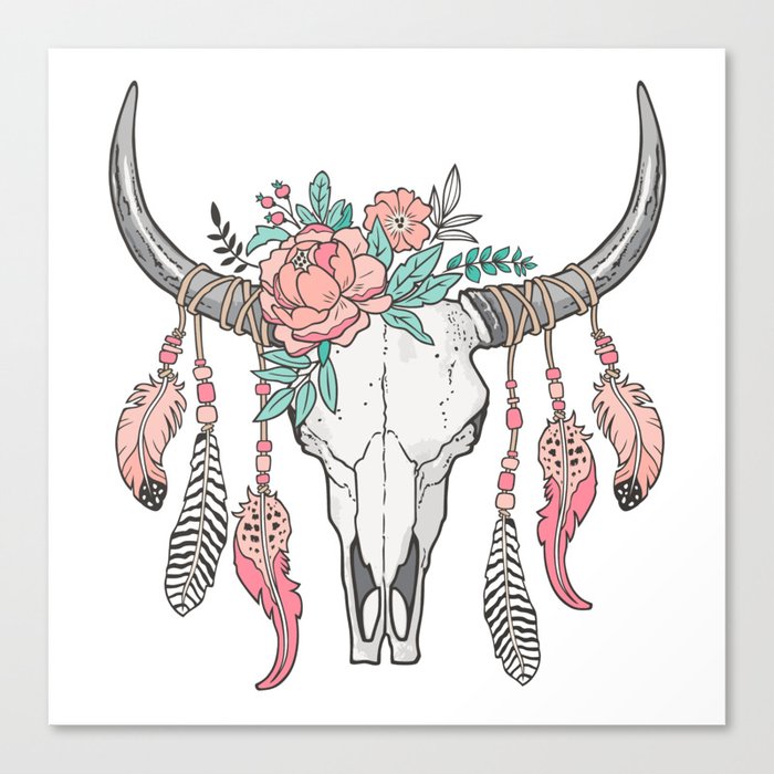 Boho Longhorn Cow Skull With Feathers And Peach Flowers Canvas