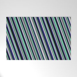 [ Thumbnail: Light Grey, Midnight Blue, Black, Aquamarine & Dim Grey Colored Lined/Striped Pattern Welcome Mat ]