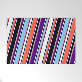 [ Thumbnail: Eyecatching Red, Indigo, Mint Cream, Black, and Light Sky Blue Colored Pattern of Stripes Welcome Mat ]