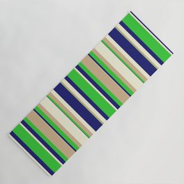 [ Thumbnail: Midnight Blue, Lime Green, Tan & Beige Colored Stripes/Lines Pattern Yoga Mat ]