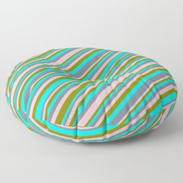 [ Thumbnail: Cyan, Slate Gray, Pink & Green Colored Lines Pattern Floor Pillow ]