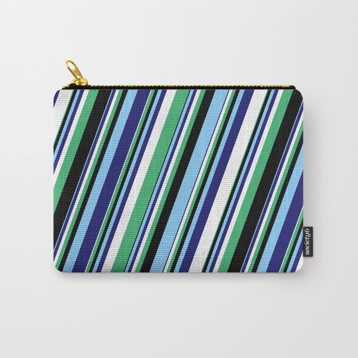Eyecatching White, Sea Green, Black, Light Sky Blue, and Midnight Blue Colored Stripes Pattern Carry-All Pouch