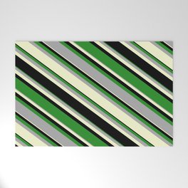 [ Thumbnail: Forest Green, Dark Grey, Light Yellow, and Black Colored Pattern of Stripes Welcome Mat ]