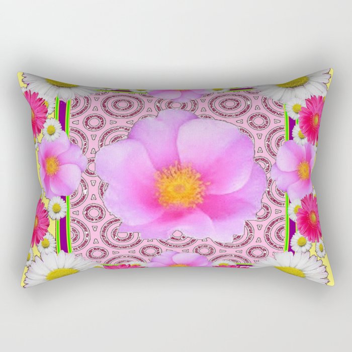 Floral Abundance yellow color fuchsia Shasta Daisy Pink Roses Abstract Ar Rectangular Pillow