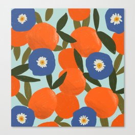 Clementine Orange Blue Flowers Pattern Leaves Canvas Print