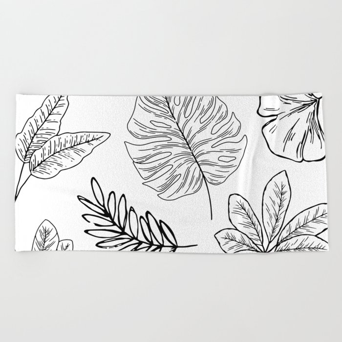 Plants and Leaves Pattern Black and White Beach Towel