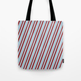 [ Thumbnail: Brown and Light Blue Colored Striped/Lined Pattern Tote Bag ]