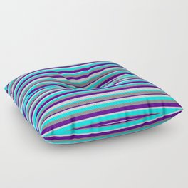 [ Thumbnail: Grey, Indigo, Light Gray, and Cyan Colored Striped Pattern Floor Pillow ]