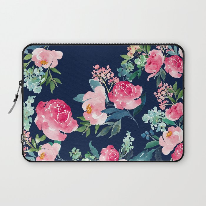Navy and Pink Watercolor Peony Laptop Sleeve