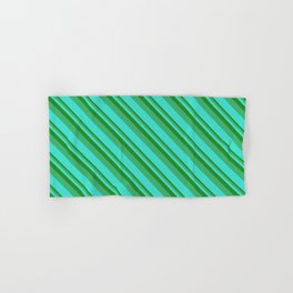 [ Thumbnail: Forest Green, Sea Green & Turquoise Colored Lined Pattern Hand & Bath Towel ]