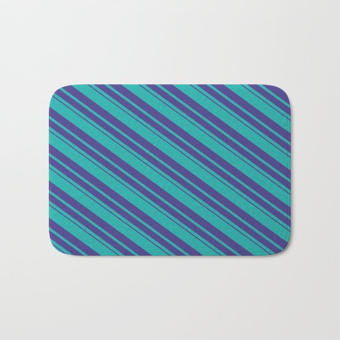 Light Sea Green and Dark Slate Blue Colored Stripes/Lines Pattern Bath Mat