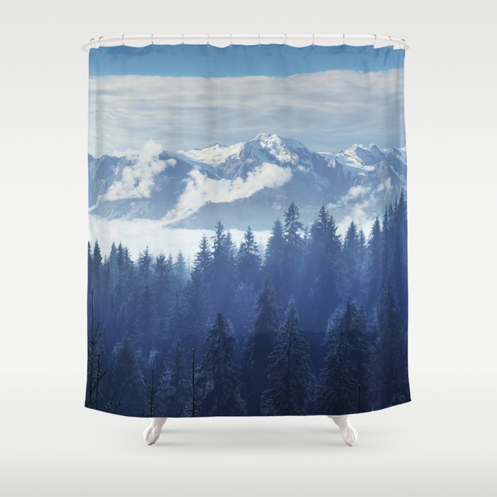 Trees in the fog and clouds in Carpathians Ukraine Europe Shower Curtain