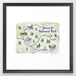 Yosemite National Park watercolor map Framed Art Print