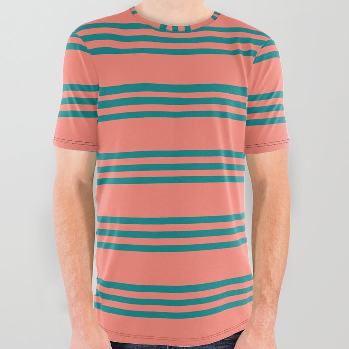 Salmon and Teal Colored Striped/Lined Pattern All Over Graphic Tee