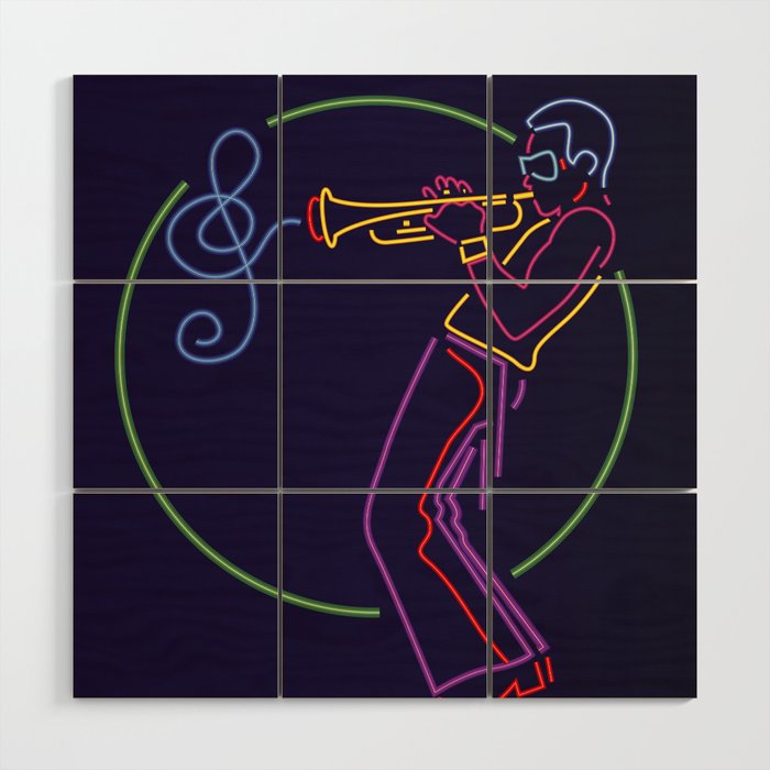 Jazz trumpet player neon sign Wood Wall Art