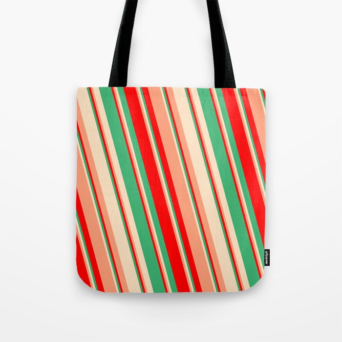 Red, Sea Green, Bisque & Light Salmon Colored Lines/Stripes Pattern Tote Bag