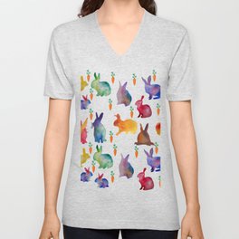 Rabbits watercolor bunnies colorful art  V Neck T Shirt