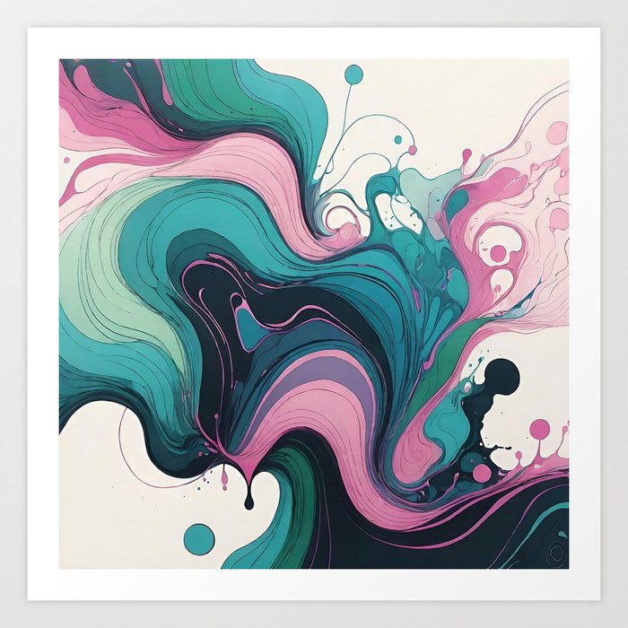 Fluid Ink Abstract Art - Blue, black and Pink Art Print