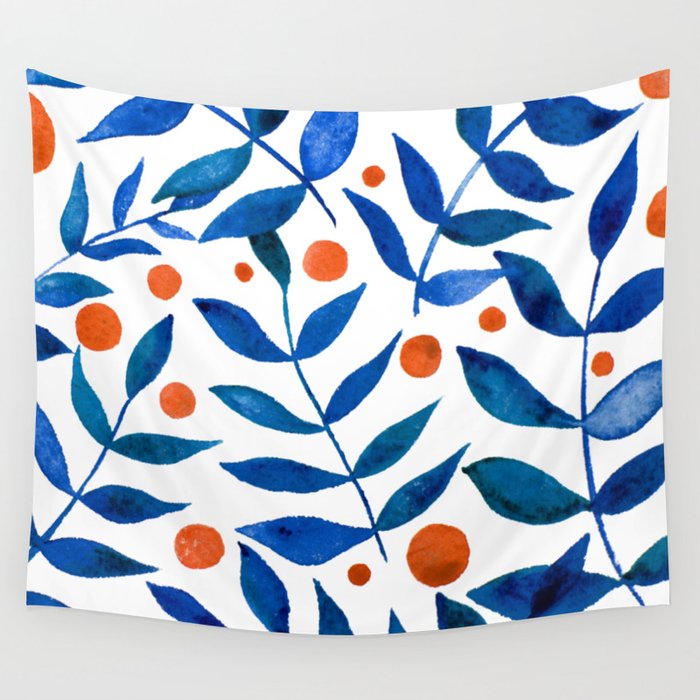 Watercolor berries and branches - blue and orange Wall Tapestry