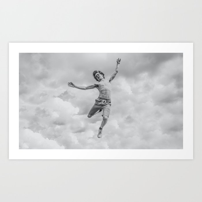 The man who fell from the sky; young man shirtless falling through the air black and white photograph - photography - photographs Art Print