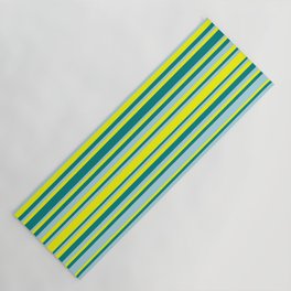 [ Thumbnail: Yellow, Teal, and Light Blue Colored Stripes Pattern Yoga Mat ]