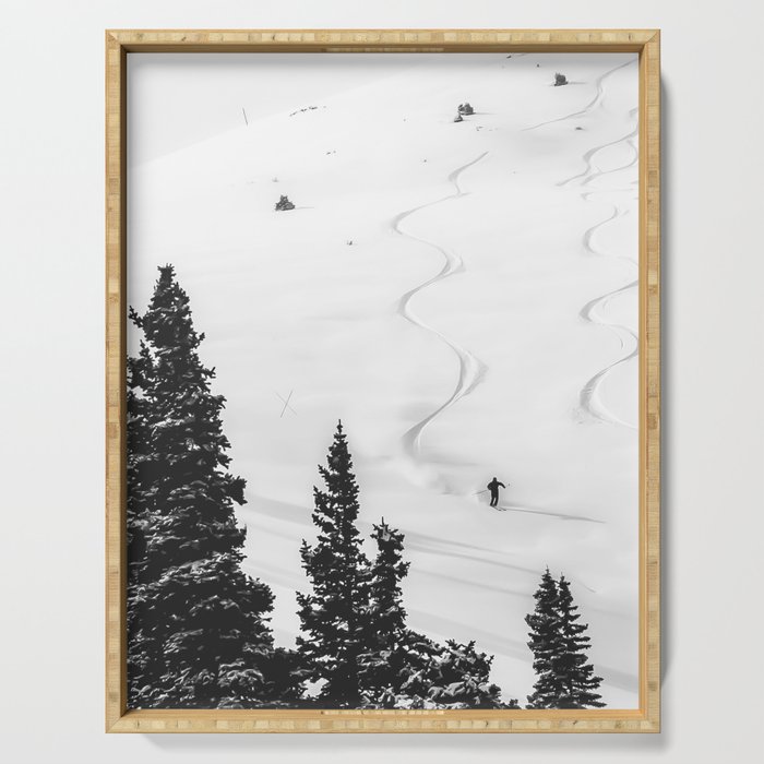 Backcountry Skier // Fresh Powder Snow Mountain Ski Landscape Black and White Photography Vibes Serving Tray