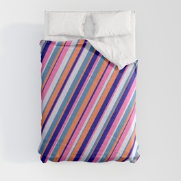 [ Thumbnail: Colorful Lavender, Blue, Coral, Dark Blue, and Hot Pink Colored Lines/Stripes Pattern Comforter ]