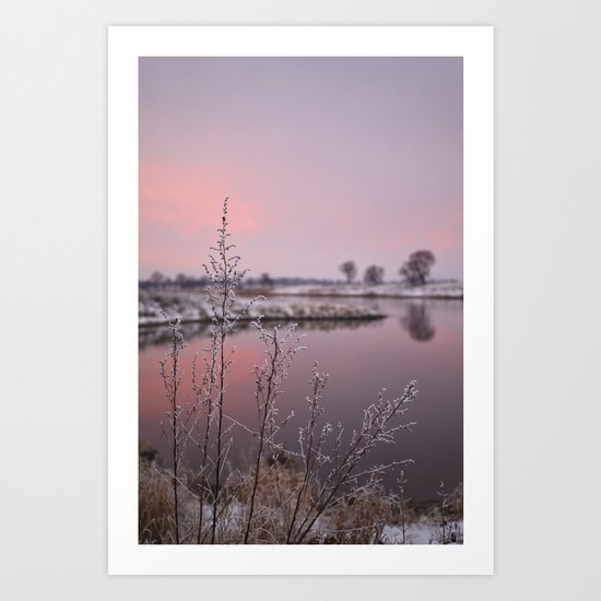 Winter Sunset At River Bank Art Print