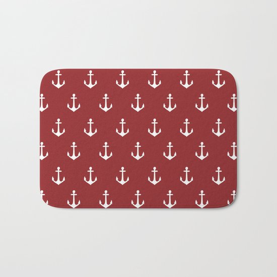 Maritime Nautical Red and White Anchor Pattern - Medium Size Anchors Bath Mat