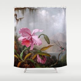Martin Johnson Heade - Orchids and Hummingbirds - Humming Birds Shower Curtain