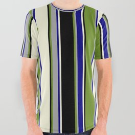 [ Thumbnail: Green, Dark Gray, Blue, Beige, and Black Colored Lined Pattern All Over Graphic Tee ]