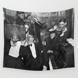 Roaring twenties speakeasy secret bar prohibition drinking like it was normal every day; men drinking mugs and steins of beer black and white funny photograph - photography - photographs Wall Tapestry
