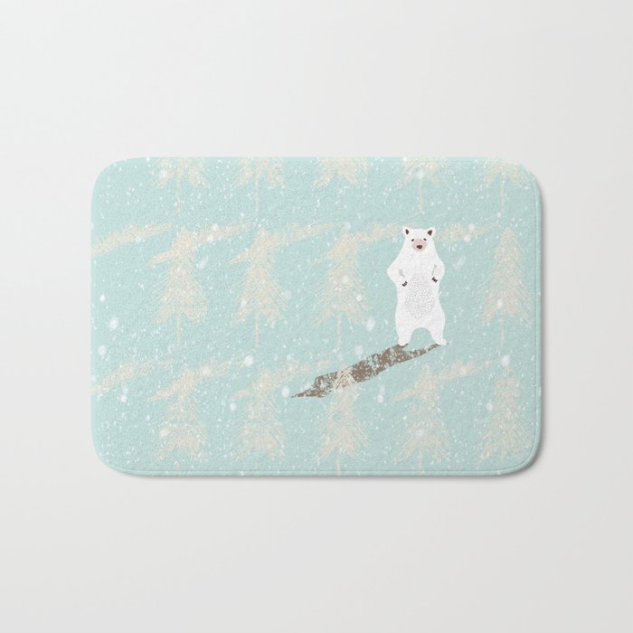 Polar bear in snowy white winter forest -Illustration Bath Mat