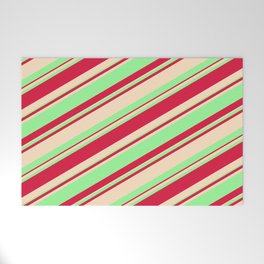 [ Thumbnail: Bisque, Green, and Crimson Colored Striped/Lined Pattern Welcome Mat ]