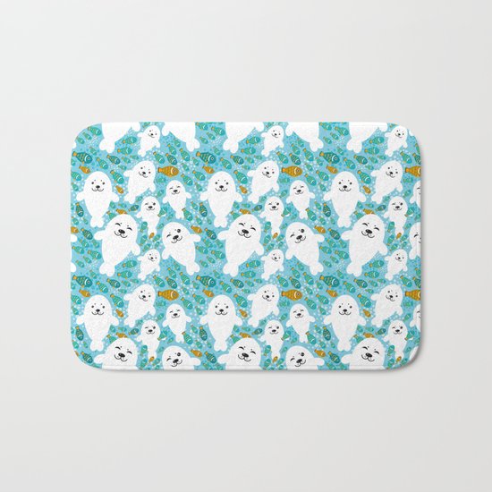 White cute fur seal and fish in water Bath Mat