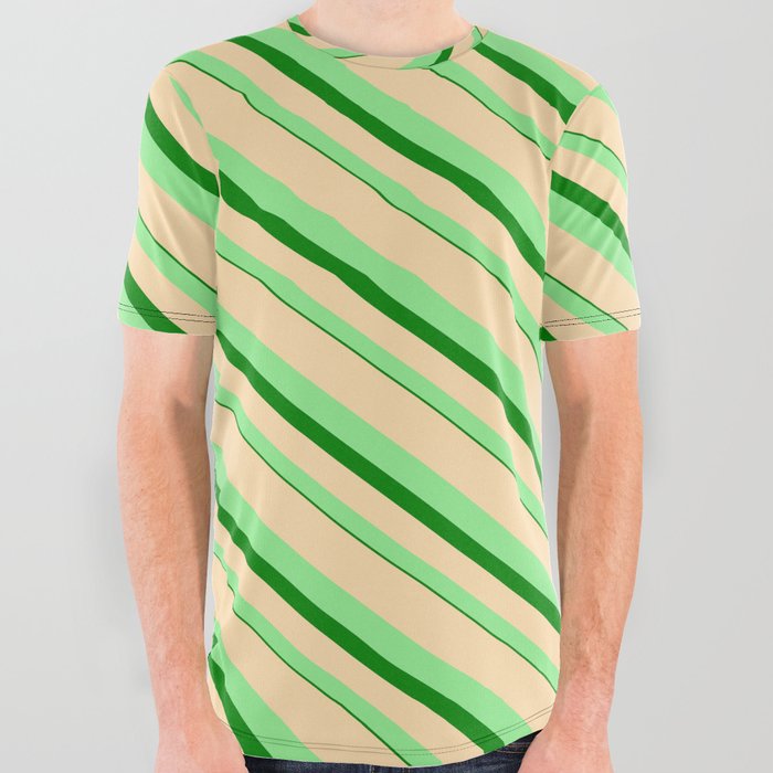 Tan, Light Green, and Green Colored Lined/Striped Pattern All Over Graphic Tee