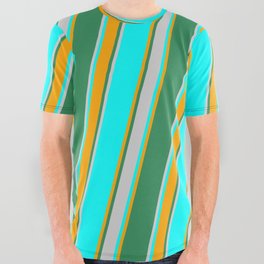 [ Thumbnail: Cyan, Orange, Sea Green, and Light Grey Colored Lined Pattern All Over Graphic Tee ]