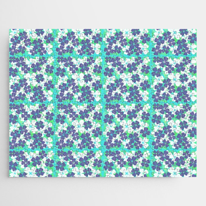 Retro Desert Flowers Periwinkle on Turquoise Jigsaw Puzzle