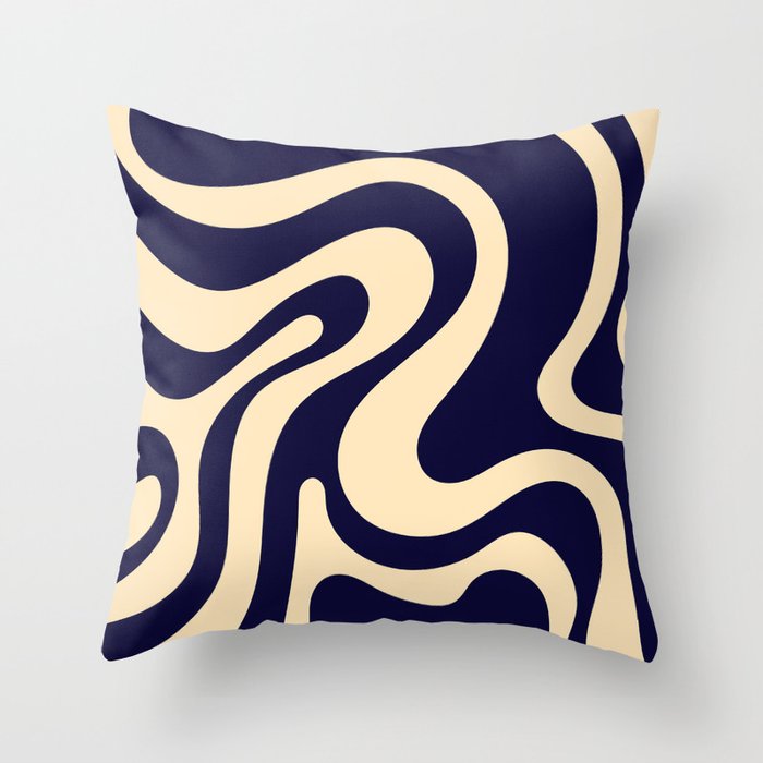 Retro Groovy Swirl Liquid Art - Navy & Beige Throw Pillow