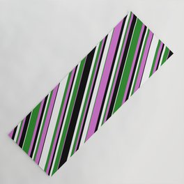 [ Thumbnail: Forest Green, Orchid, Black & White Colored Striped/Lined Pattern Yoga Mat ]