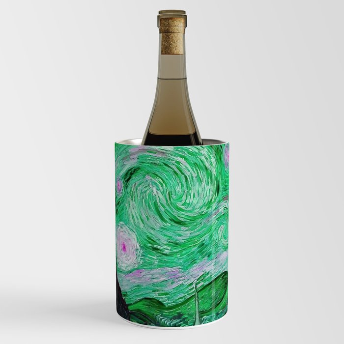 The Starry Night - La Nuit étoilée oil-on-canvas post-impressionist landscape masterpiece painting in alternate green and purple by Vincent van Gogh Wine Chiller