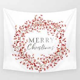 Merry Christmas wreath. Red berry Wall Tapestry