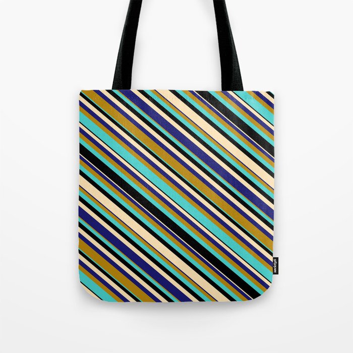 Vibrant Dark Goldenrod, Turquoise, Black, Beige & Midnight Blue Colored Lines Pattern Tote Bag