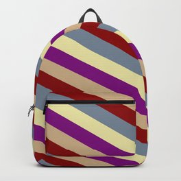 [ Thumbnail: Vibrant Pale Goldenrod, Purple, Tan, Dark Red & Light Slate Gray Colored Striped Pattern Backpack ]