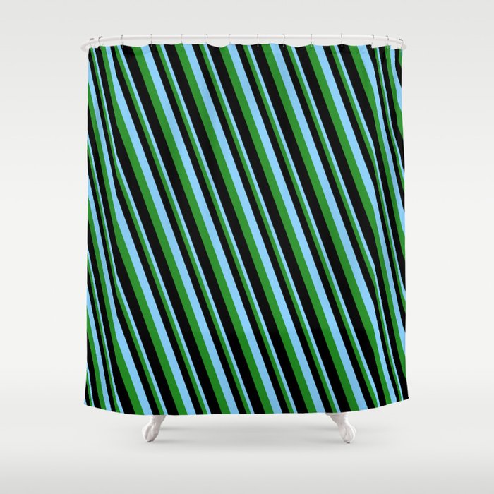 Light Sky Blue, Forest Green & Black Colored Pattern of Stripes Shower Curtain