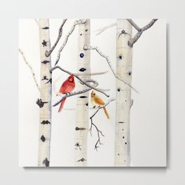 Birch Trees and Cardinal Metal Print