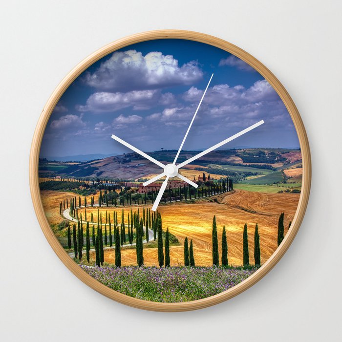 Cypress trees and meadow with typical tuscan house Wall Clock
