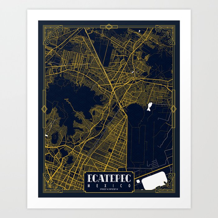 Ecatepec City Map of Mexico - Gold Art Deco Art Print