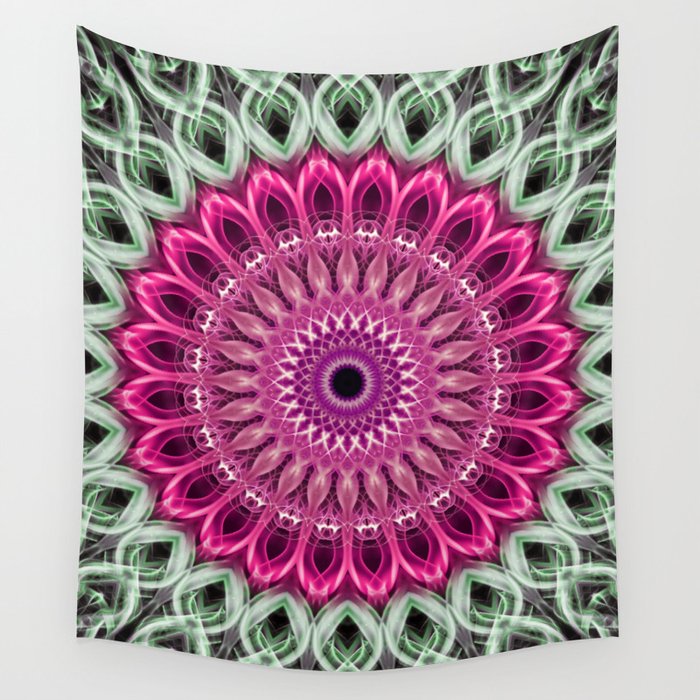 Pastel green mandala with pink flower Wall Tapestry