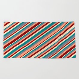 [ Thumbnail: Eye-catching Bisque, Teal, Slate Gray, Light Salmon & Dark Red Colored Stripes Pattern Beach Towel ]